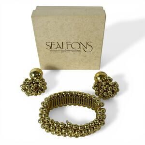 Vintage Sealfons NJ Gold Tone Bead Cluster Bracelet & Earrings Set 80s Glam Read